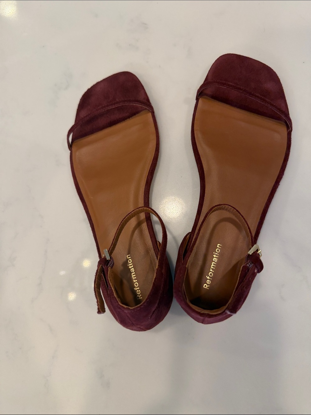 Reformation Burgundy Suede Ankle-Strap Sandals